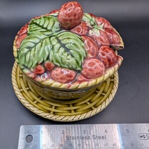 Vintage Sarreguemines French Majolica covered strawberry jam pot
